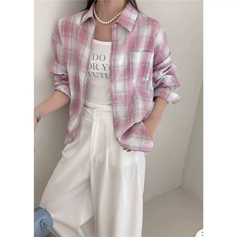 TC625-p45韩系chic格子衬衫女叠穿遮肉显瘦长袖衬衣外搭上衣ins,男装衬衫,星座617A-2