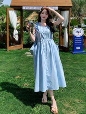 蓝色气质甜美小清新方领连衣裙女2025夏季新款盐系轻熟风显瘦长裙，女装连衣裙，浙宝220