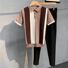 韩版修身男士竖条纹翻领针织短袖T恤青年休闲polo衫PL69003P42，男装T恤，星座1013-5