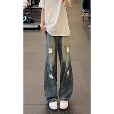 阔腿工装牛仔裤女夏季2025年新款高腰破洞高街设计感宽松直筒裤子，男装牛仔裤，星座1210-1