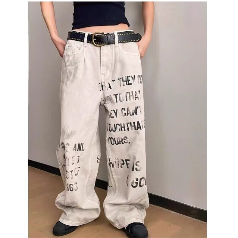 美式复古做旧标语字母印花牛仔裤小众宽松阔腿长裤男女情侣款,男装牛仔裤,星座506A