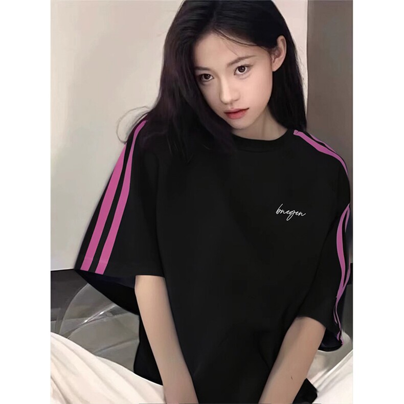 抖音得物品质二开240克宽松纯棉美式潮牌印花三条杠中性风短袖T恤,男装T恤,电商A486-1