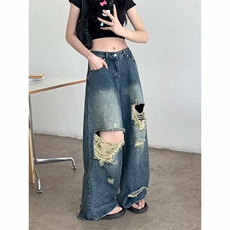 复古水洗做旧磨破牛仔裤女夏季2025新款辣妹高腰百搭潮酷阔腿长裤，男装牛仔裤，星座1210-1