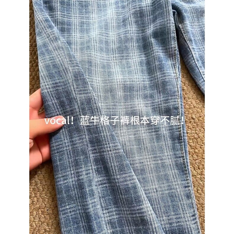 原版质量蓝格子半松紧腰微喇牛仔裤AM433P48,男装牛仔裤,星座1013-5