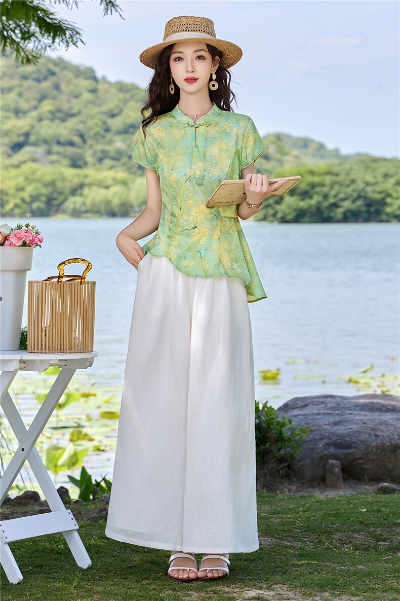 现货2026年夏季新中式上衣麻料阔腿裤子，可分开卖,女装套装/套裙,伊仟回