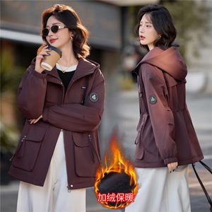 工装风休闲连帽派克服女中长款2025秋冬新款加绒加厚保暖棉服外套图片