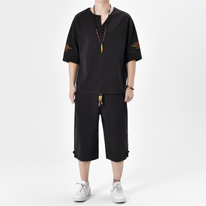 夏季棉麻刺绣套装男风男装盘扣复古圆领A266-1-TZ6987-P65图片
