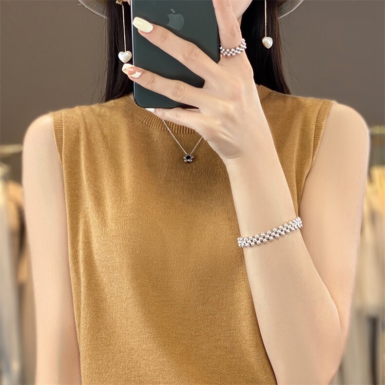 夏季新款精纺羊毛薄款针织吊带背心女圆领宽松内搭无袖上衣打底衫,女装背心吊带,臻维羊绒