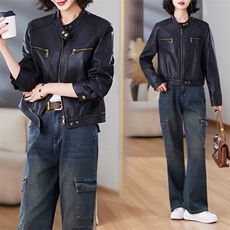 小C家港风复古短款机车服皮衣外套女2025新款春秋季小个子皮夹克，女装皮衣，江南女神