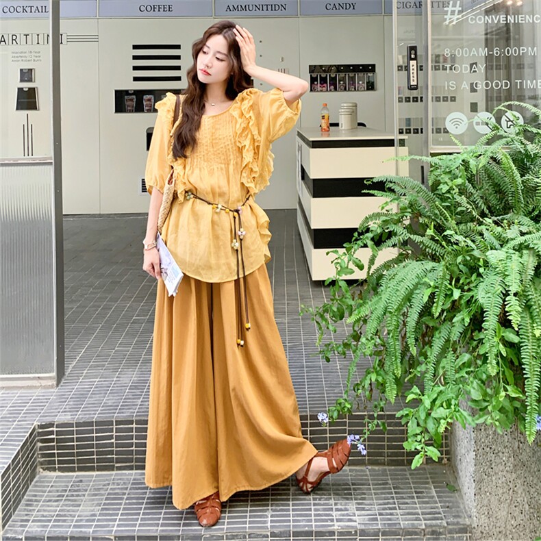 黄色木耳边衬衫阔腿裤套装女夏2025新款两件套巨好看流行超火爆款,女装套装/套裙,2C158