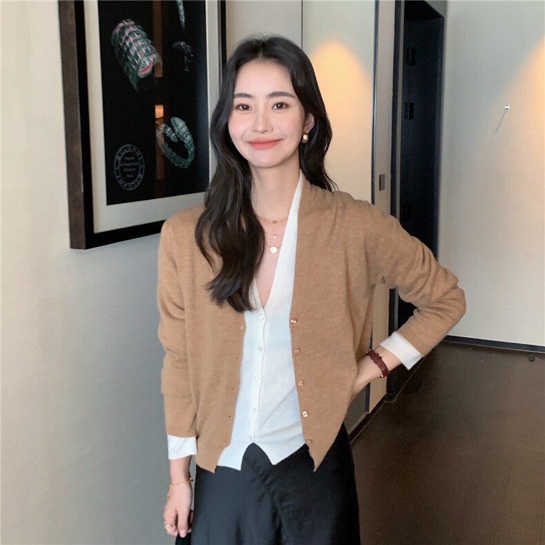 2025秋冬百搭时尚假两件开衫拼色舒适,女装羊绒衫,玛卡隆羊绒