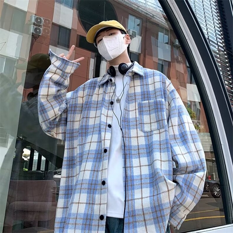 春秋港风复古休闲衬衣潮牌ins宽松格子衬衫男长袖外套W5747-P35,男装夹克,星座512-2