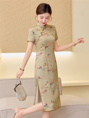 杭州品质真丝中长裙复古印花连衣裙女春夏日常修身潮流真丝旗袍，女装汉服/婚纱/旗袍/礼服，小荷流