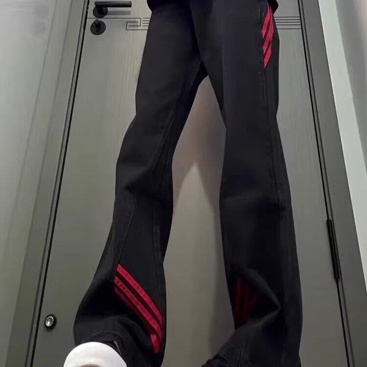 斜杠三条纹撞色拼接男休闲裤子美式牛仔微喇直筒裤NZ130-P40，男装休闲裤，星座308B-2