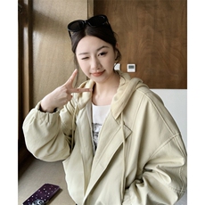 春装有货】奶黄色机车皮衣连帽休闲外套p165k268，女装短外套，2C295