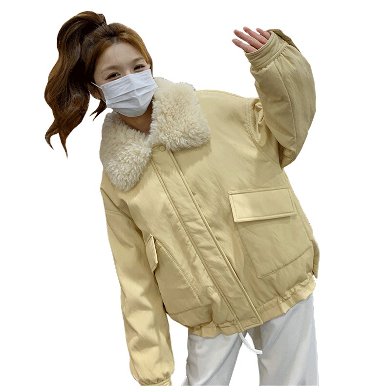 黄色减龄时尚羊羔毛翻领蛋白皮羽绒服女2025冬新款加厚90白鸭绒服,女装羽绒服,2C300