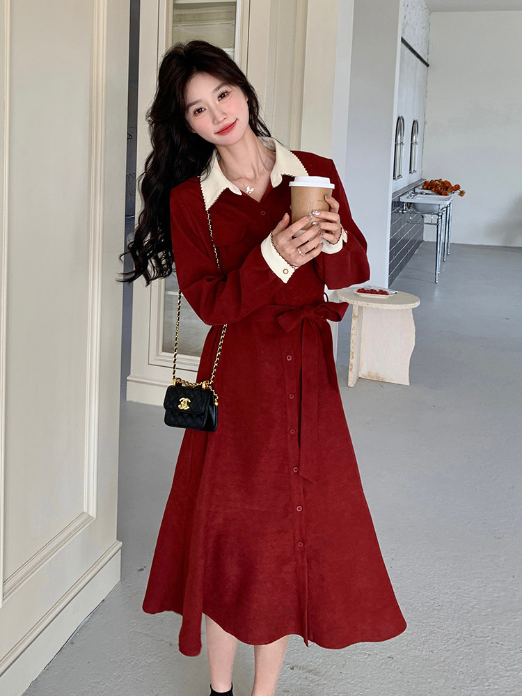 法式复古红色灯芯绒连衣裙女2025春季新款高级感时尚气质衬衫裙子,女装连衣裙,浙宝203