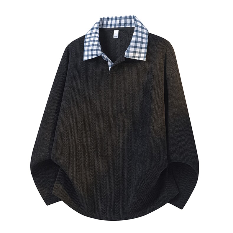 美式假两件格子翻领卫衣潮流宽松polo衫A161-MT-2602-P42，男装卫衣，电商A161