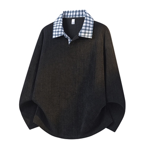 美式假两件格子翻领卫衣潮流宽松polo衫A161-MT-2602-P42，男装卫衣，电商A161