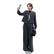 灰色飘带西装套装女2026早秋超火高级感休闲又a又飒阔腿裤两件套，女装套装/套裙，2C218