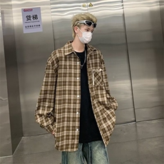 日系黑白格子长袖衬衫男小众复古港味宽松衬衣百搭外套HJ06/P40，男装衬衫，星座506
