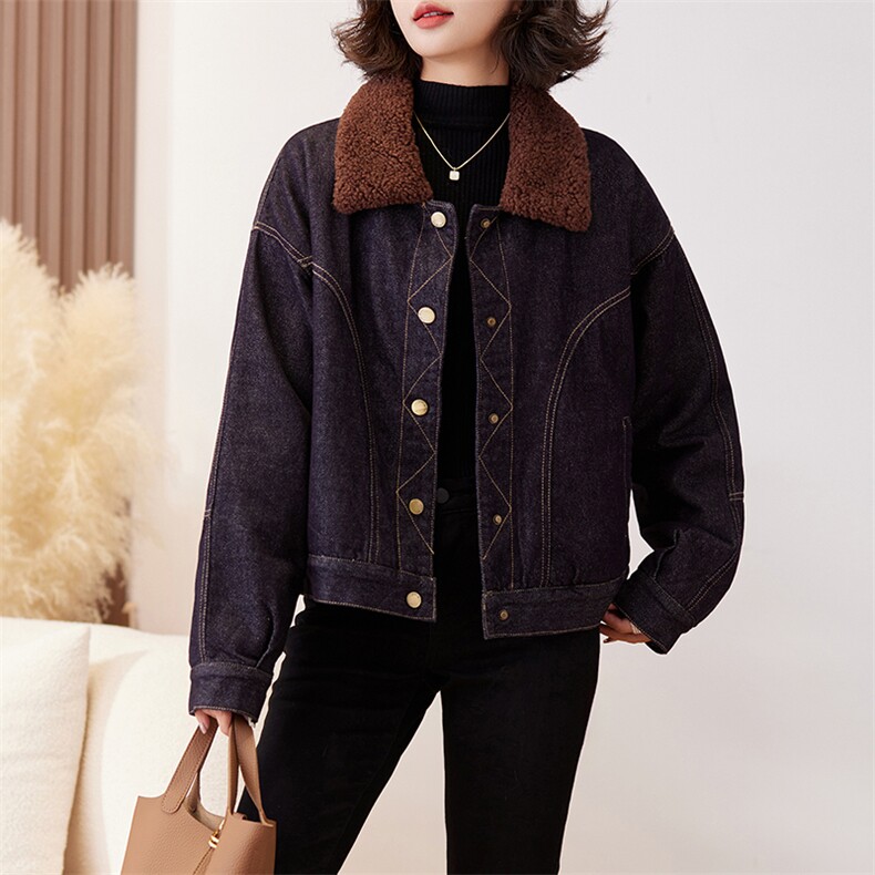 2024秋冬新款翻领潮流牛仔短外套女夹旅行出街夹棉保暖外套潮，女装牛仔外套，美拉德工厂直营店