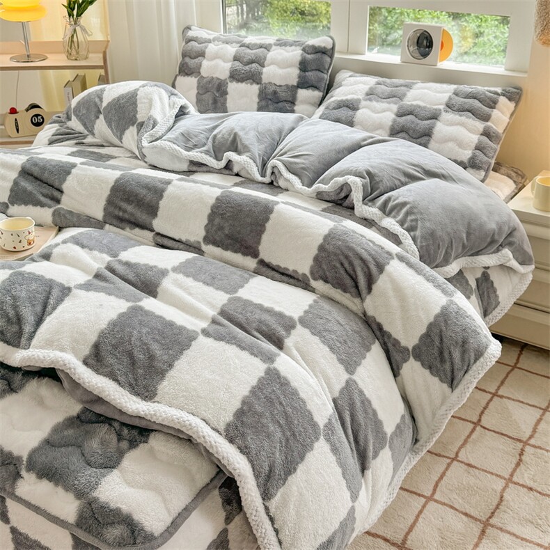 秋冬新款A类加厚夹棉床笠+宽包边被套四件套，床品套件，一起卖家纺