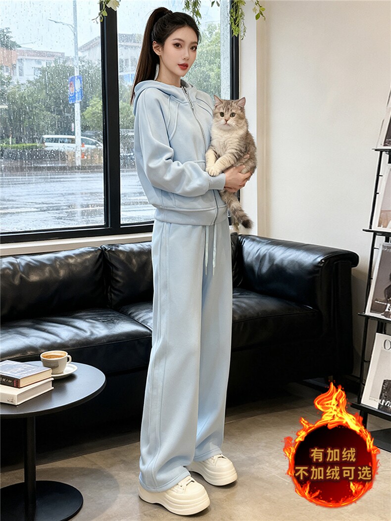 韩版开衫加绒卫衣套装女秋冬保暖新款连帽宽松上衣长裤时尚两件套,女装套装/套裙,江南