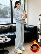 韩版开衫加绒卫衣套装女秋冬保暖新款连帽宽松上衣长裤时尚两件套，女装套装/套裙，江南