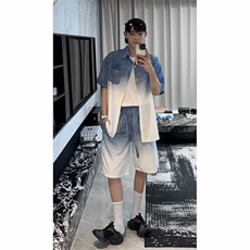 夏季冰丝速干渐变色套装男美式潮流短袖扎染衬衫P35，男装T恤，电商C306-1