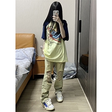 B221泥黄色高街小众ins美式拉链破洞牛仔裤子LK22041-P55控68，男装牛仔裤，电商B221