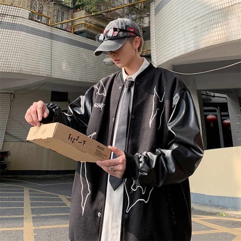 美式潮牌PU皮拼接毛呢棒球服外套男高级感炸街痞帅春季夹克,男装夹克,星座410-6（原星座1304-1）