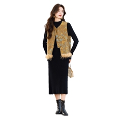 2026冬季新中式加棉雪尼尔绒质感提花纹理可拆卸毛条马甲两件套女，女装套装/套裙，央宝儿