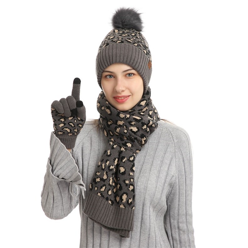 0978欧美冬手套三件套针织帽套装新款女豹纹保暖毛线帽子围巾,饰品围巾,星座510A-1
