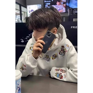 秋季新款美式潮牌趣味刺绣连帽卫衣男小众设计高级感上衣图片