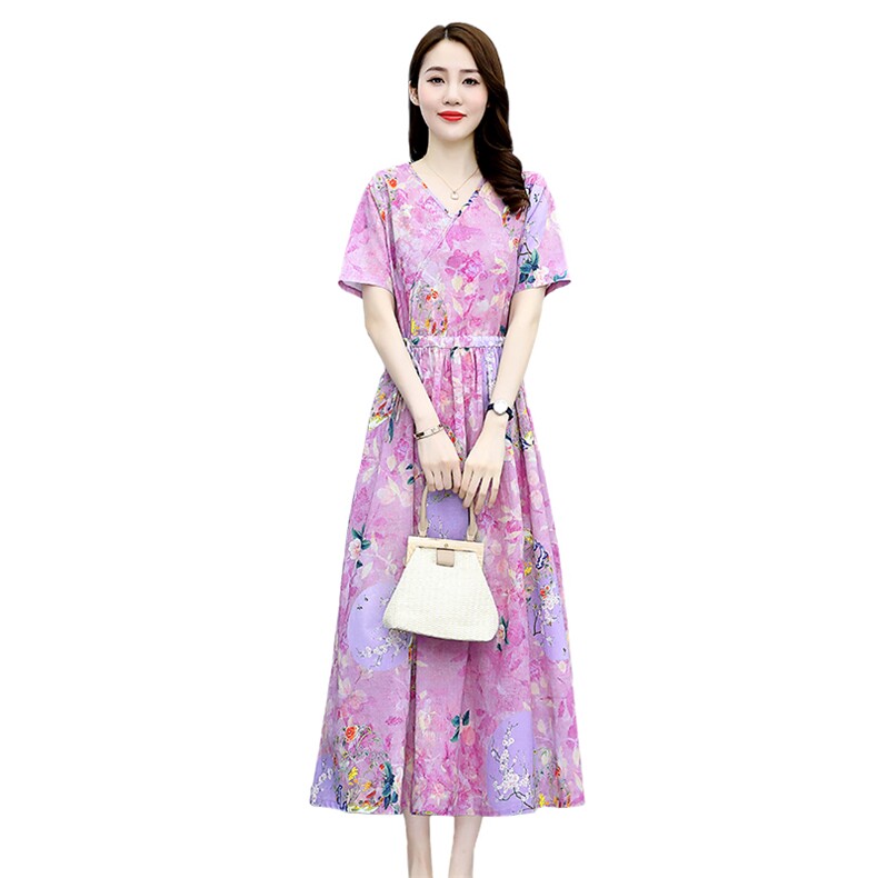 苏杭高端亚麻碎花连衣裙2025夏季减龄时尚收腰显瘦棉麻女神范长裙,女装连衣裙,倪叶myz