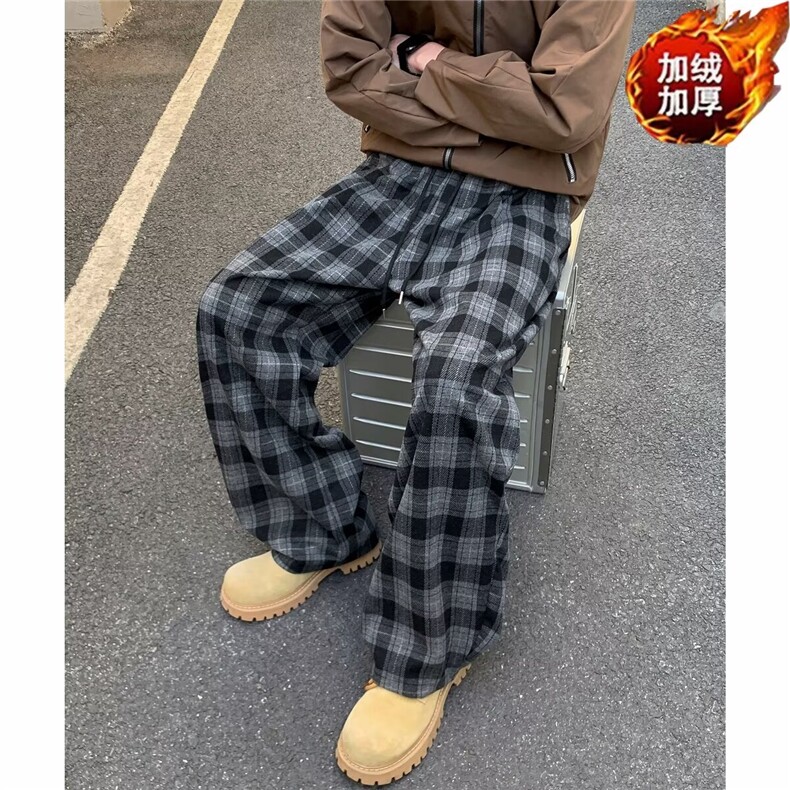 加绒加厚冬款男女休闲裤棋盘格条纹保暖直筒宽松长裤HK80 P62图片