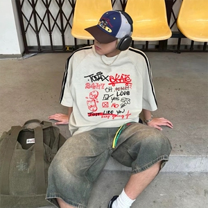 抖音得物高品质二开240克宽松纯棉美式潮牌三条杠织带短袖T恤图片