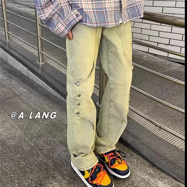 网络图 牛仔裤男春秋宽松阔腿直筒拖地长裤侧面纽扣裤子 N6169图片