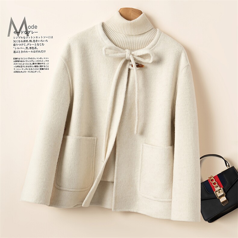 时尚百搭简约2025领口系绳羊毛大衣，女装双面呢大衣，优远毛呢大衣