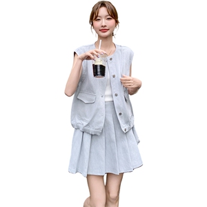 韩版小个子穿搭一整套女2025夏新款时尚无袖马甲百褶半身裙两件套图片