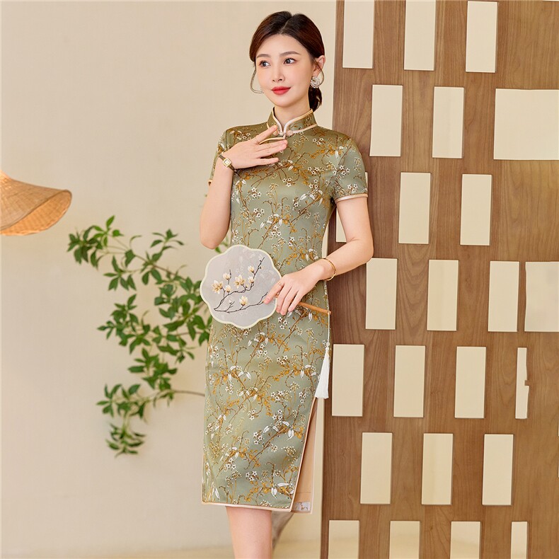 杭州品质真丝中长裙复古印花连衣裙女春夏日常修身潮流真丝旗袍,女装汉服/婚纱/旗袍/礼服,小荷流