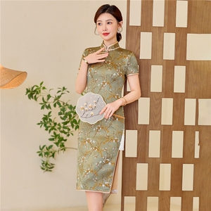 杭州品质真丝中长裙复古印花连衣裙女春夏日常修身潮流真丝旗袍图片