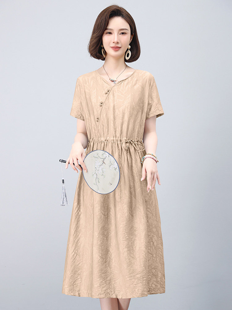 2025夏装新款新中式盘扣收腰显瘦短袖连衣裙,女装连衣裙,雪樱依海