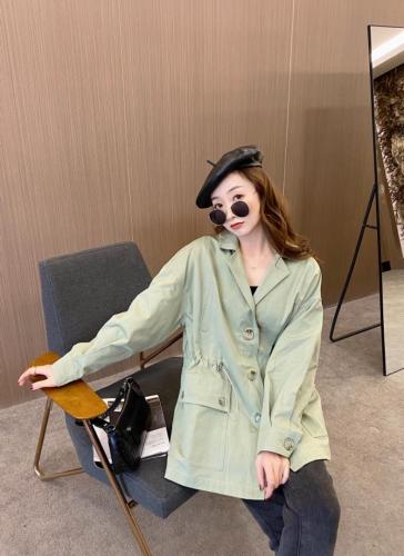 香丽迪抽绳收腰风衣女春夏新款绿色小个子休闲外套中长,女装风衣,香丽迪1