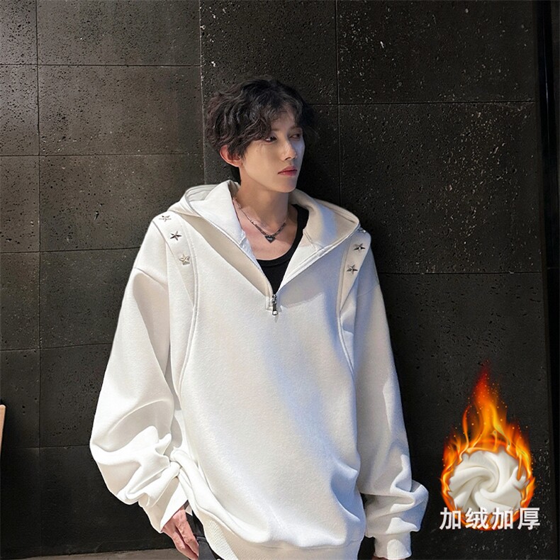 星星铆钉卫衣男秋冬季美式潮牌假两件加绒加厚宽松连帽情侣款外套，男装卫衣，电商B319