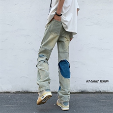 B221美式ins高街暗黑小众撞色破洞直筒牛仔裤LK23109-P65控88，男装牛仔裤，电商B221