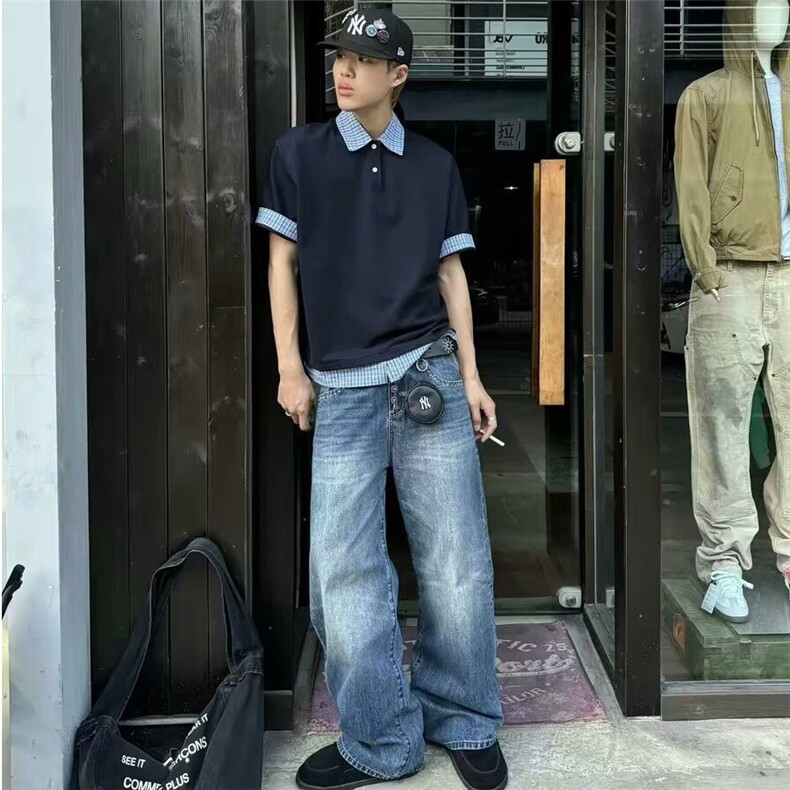 2025美式复古假两件polo衫T恤潮牌格子拼接宽松上衣HTA202-P45,男装T恤,星座208-5