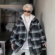 假两件连帽格子毛呢外套男秋冬加厚宽松时尚夹克上衣M896-P135，男装棉衣，电商A170