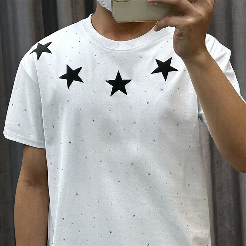 夏季新款五角星潮牌烫钻满天星短袖T恤男宽松时尚设计感半袖上衣,男装T恤,星座506A